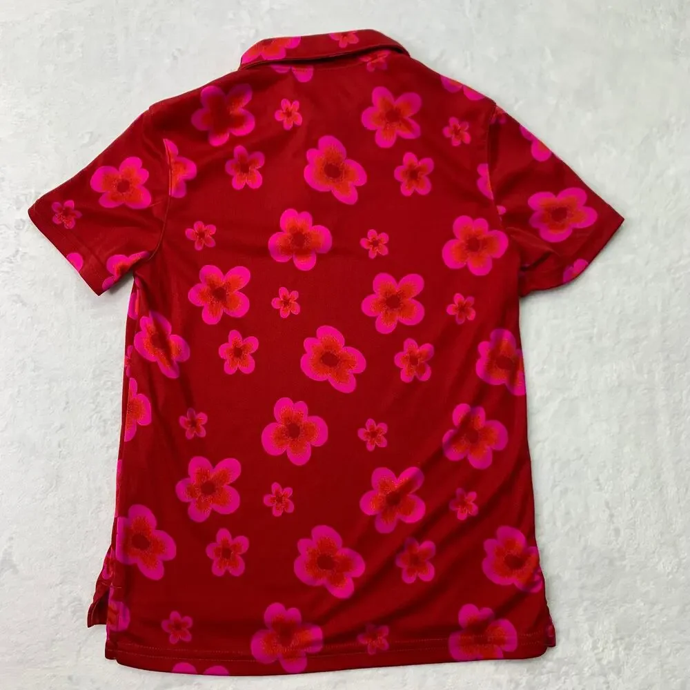 All In Motion Boys Sz 6/7 Small Polo Shirt Performance Red Pink Hibicus Floral